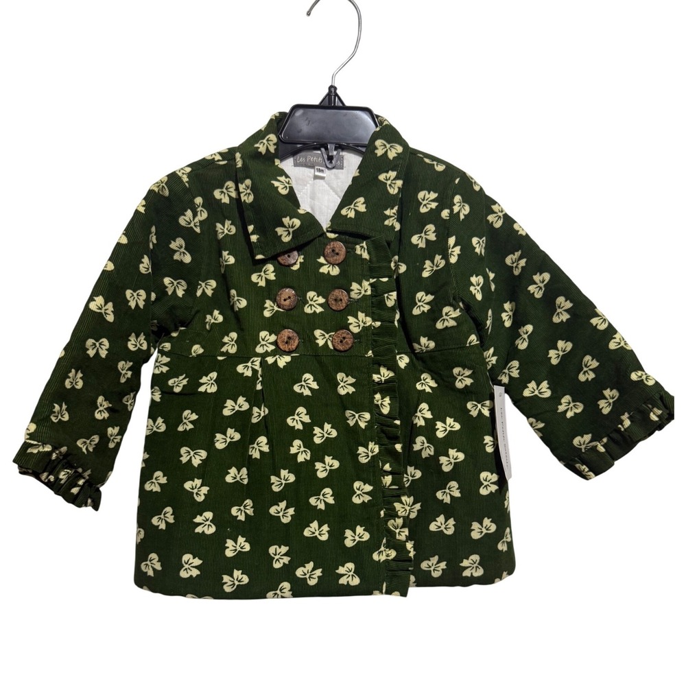 Les‎ Petits Soleils Jacket Kids 18M Green Corduroy Bow Print Ruffle NWT Preppy